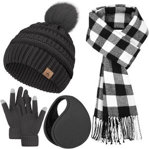 4-Piece Women's Winter Knit Set Beanie Scarf Gloves Warmers